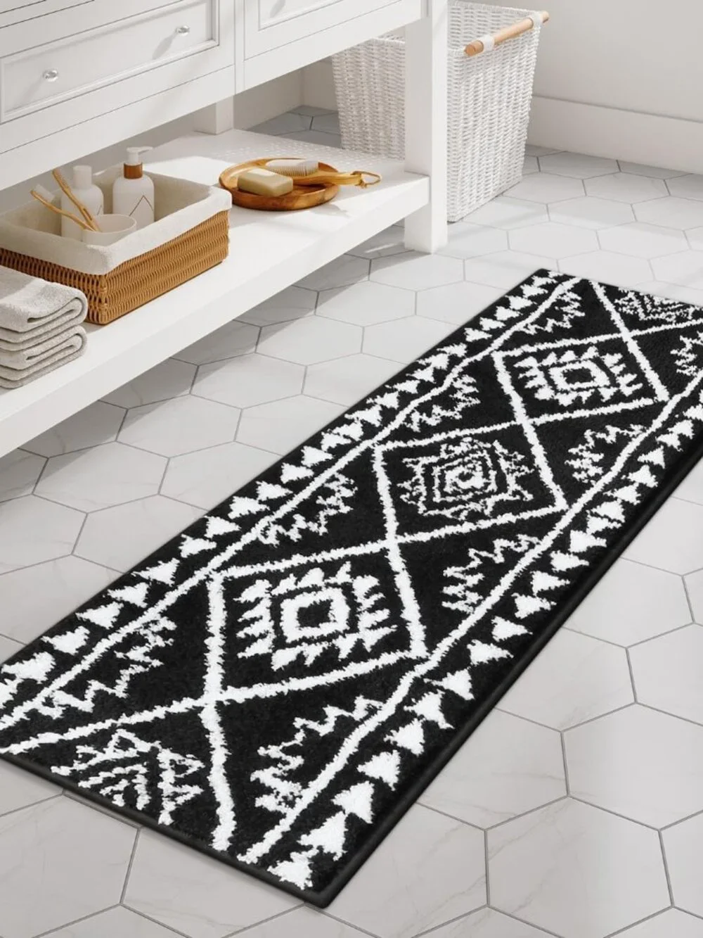 Boho Bathroom Runner Rug Black Tribal Long Bathroom Rug Western Non-Slip Washabl